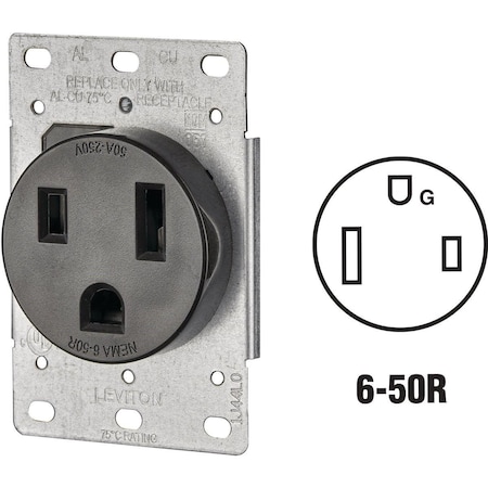 Leviton Straight Blade Receptacle, 6-50R, 50 A, 250V AC, 2 Pole, 3 Wire, Flush Mount, Grounded R10-05374-S00